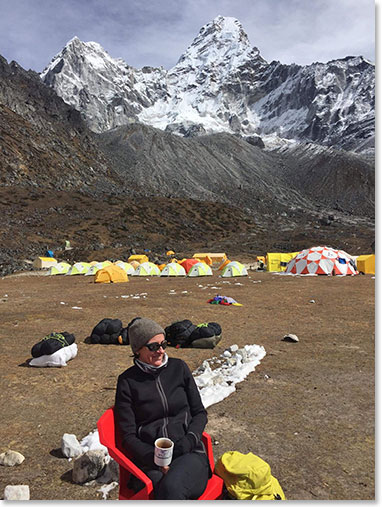 Enjoying a cup of tea at Base Camp
