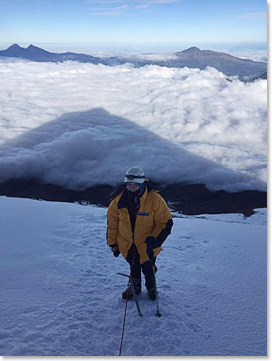 As they started to the final approach to the summit of Cotopaxi, the sun was rising – perfect weather